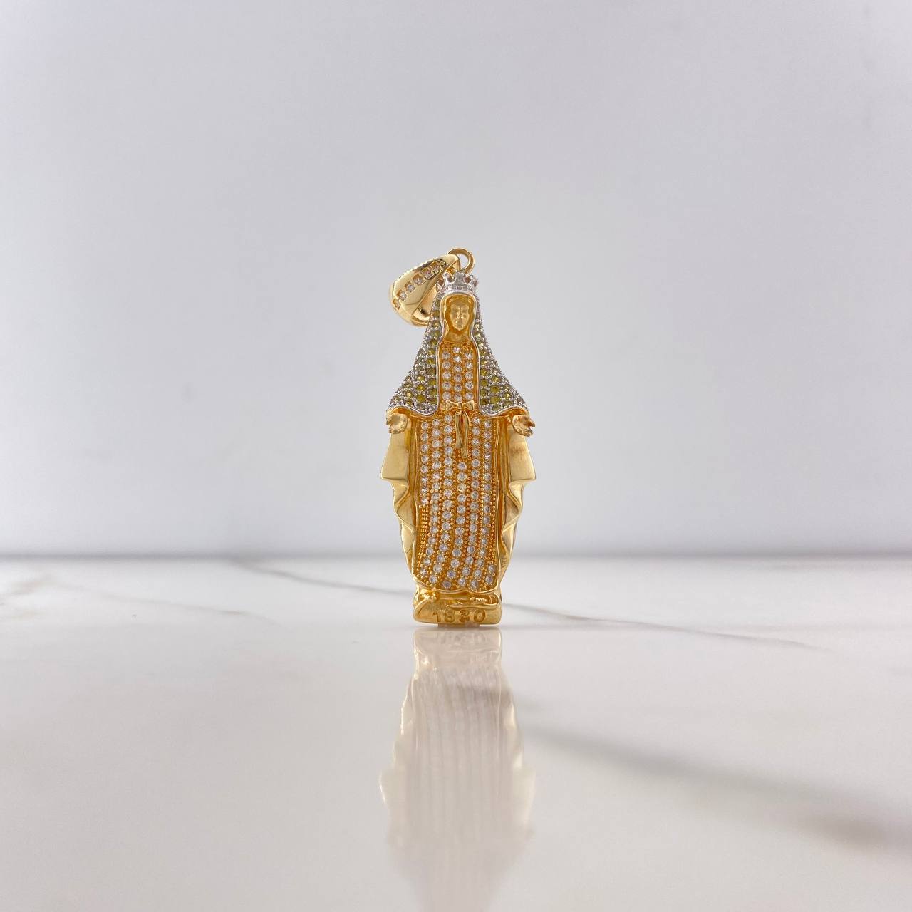 Dije Virgen Milagrosa 6.95gr / 5cm / Circones Verdes Blancos Dos Oros Amarillo Blanco $