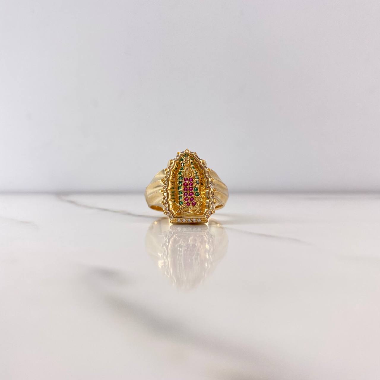 Anillo Virgen de Guadalupe 10.9gr / T9 3/4 / Circones Verdes Fuscias Blancos Oro Amarillo $