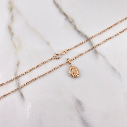 Cadena Figaro 1.3gr / 45cm + Dije Virgen De Guadalupe Troquelado 0.4gr / 1.6cm / Oro Rosa (Oferta) $