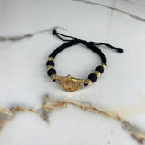Pulsera Tejida Negra Corona RX Circones 6.8gr / 6mm-8mm Bolas Lisas Diamantadas Tres Oros &