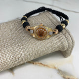 Pulsera Tejida Negra Corona RX Circones 6.8gr / 6mm-8mm Bolas Lisas Diamantadas Tres Oros &