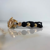 Pulsera Tejida Negra Corona RX Circones 6.8gr / 6mm-8mm Bolas Lisas Diamantadas Tres Oros &