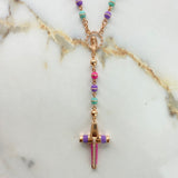 Rosario Virgen María 17.8gr / 60cm / 5mm Neopreno Fucsia Morado Verde Circones Blancos Oro Rosa $
