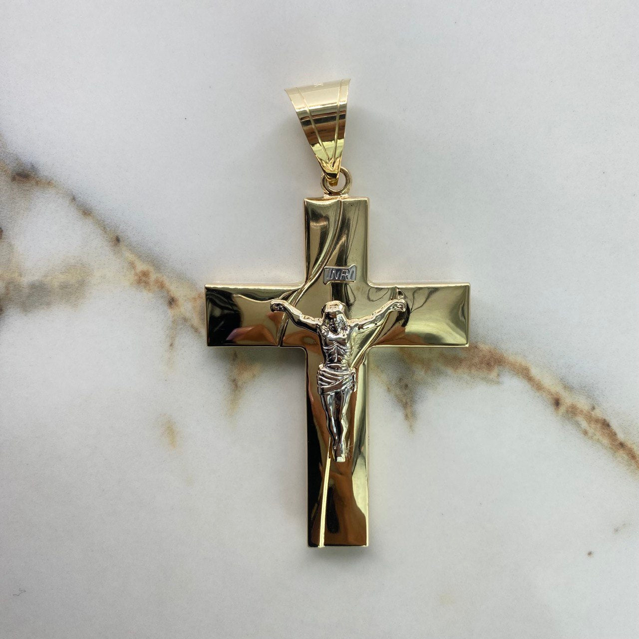 Dije Cruz Cristo 10gr / 8.3cm / Troquelado Dos Oros Amarillo Blanco $