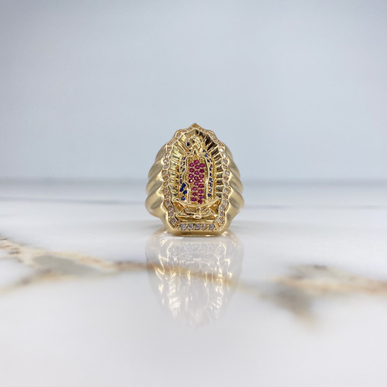 Anillo Virgen de Guadalupe Silueta 12.15gr / T11 3/4 / Circones Blancos Azules Fucsias Oro Amarillo $