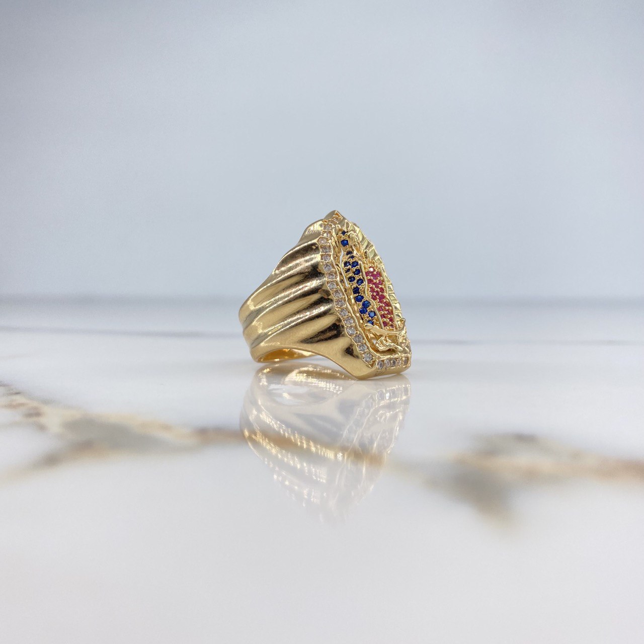 Anillo Virgen de Guadalupe Silueta 12.15gr / T11 3/4 / Circones Blancos Azules Fucsias Oro Amarillo $