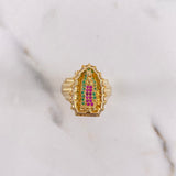 Anillo Virgen de Guadalupe 6.3gr / T7 1/4 / Circones Blancos-Fucsias-Verdes Oro Amarillo $