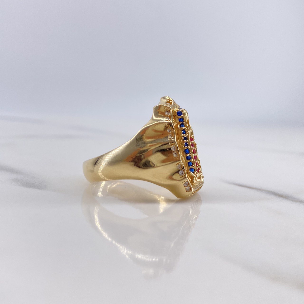 Anillo Virgen Guadalupe 6.4gr / T8 1/4 / Circones Azules-Blanco-Fucsias Oro Amarillo $