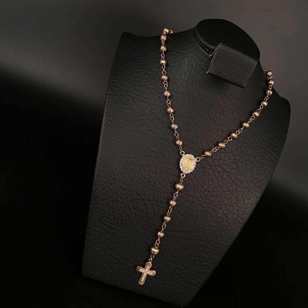 Rosario Virgen Milagrosa 18 .8gr / 60cm / Bola 5-6 Diamantada Circones Blancos Oro Rosa &