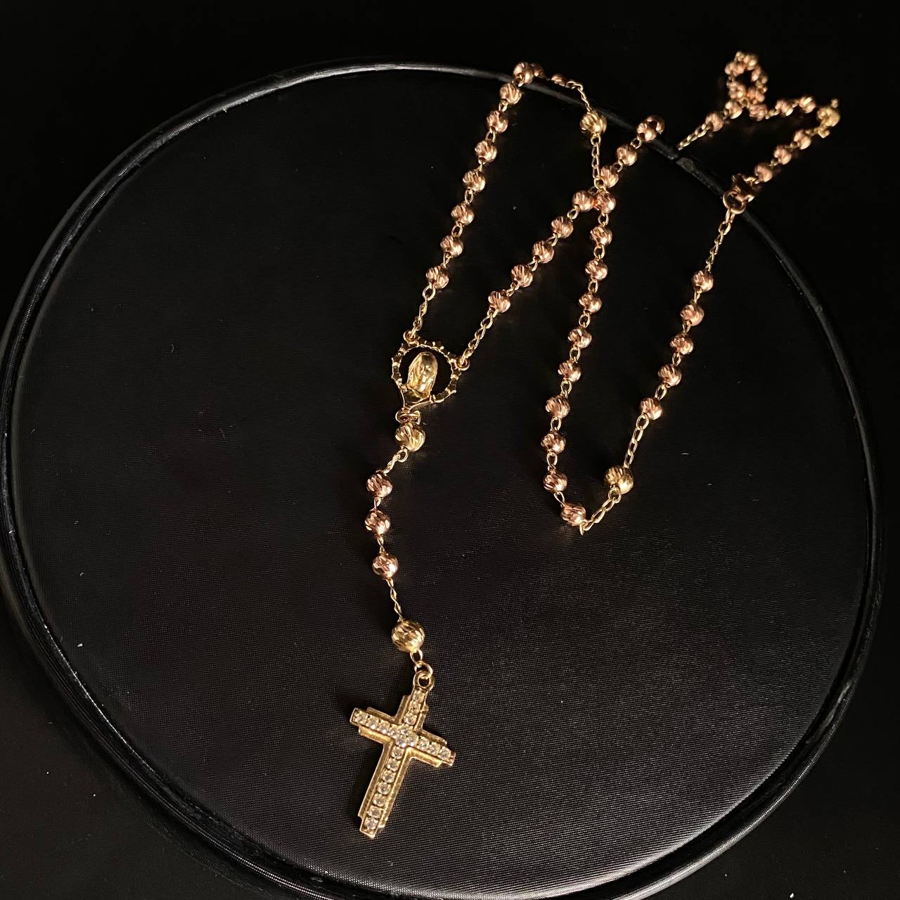 Rosario Virgen Rosa Mística 14.6gr / 50cm / Bola 4 5 Diamantada Circones Blancos Dos Oros Amarillo Rosa &