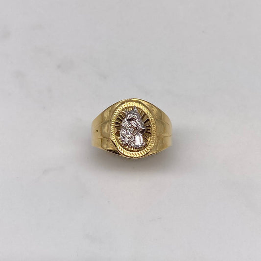 Anillo Sello Caballo  6.1gr / T10 1/4 Diamantado  Dos Oros Amarillo Blanco&