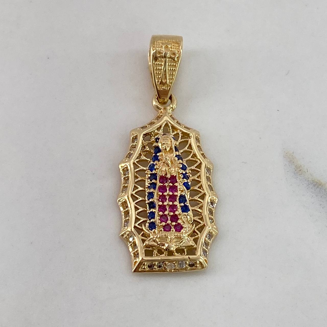 Dije Virgen de Guadalupe 3.5gr / 3cm / Circones Blancos Azules Fusias Oro Amarillo$