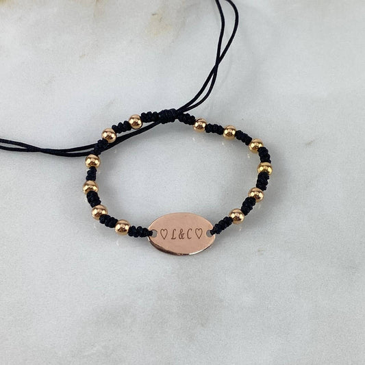 Pulsera Tejida Placa Ovalada 1.9gr Bolas 3mm-4mm Lisas Grabada Oro Rosa (A.C)