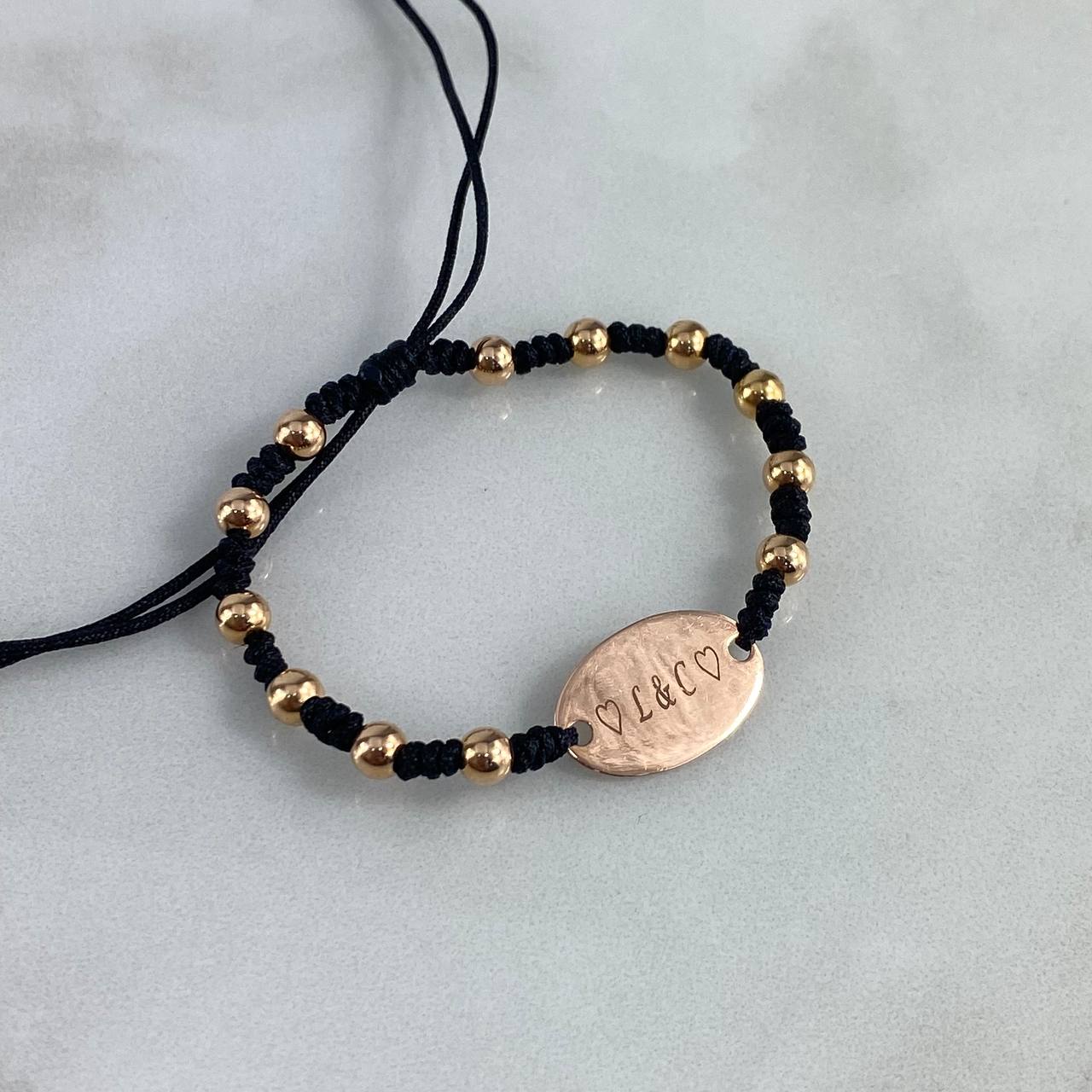 Pulsera Tejida Placa Ovalada 1.9gr Bolas 3mm-4mm Lisas Grabada Oro Rosa (A.C)