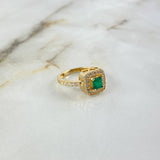 Anillo Halo Cuadriculado 3.85gr / T6 3/4 / 52pts Diamnates 40pts Esmeralda Oro Amarillo (Joya) ©