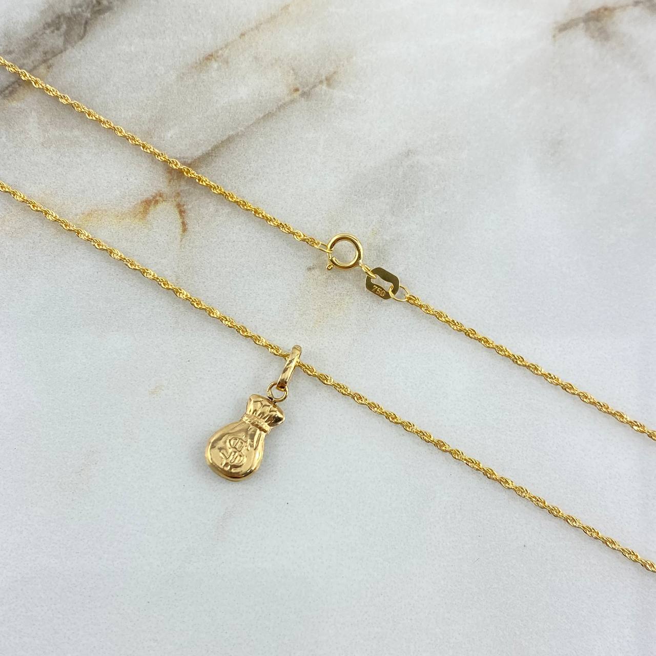 Cadena Lazo 1.1gr / 60cm + Dije Bolsa Dinero 0.4gr / 1.9cm Mate Oro Amarillo (Oferta) ©