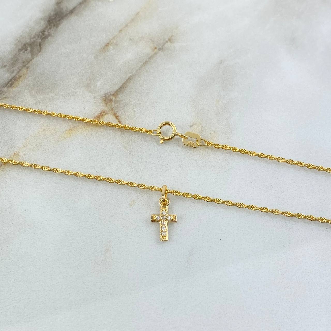 Cadena Lazo 1.1gr / 60cm + Dije Cruz 0.3gr / 1.4cm Circones Oro Amarillo (Oferta) ©
