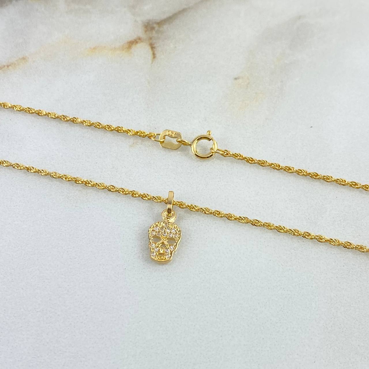 Cadena Lazo 1.1gr / 60cm + Dije Calavera 0.45gr / 1.4cm Circones Oro Amarillo (Oferta)