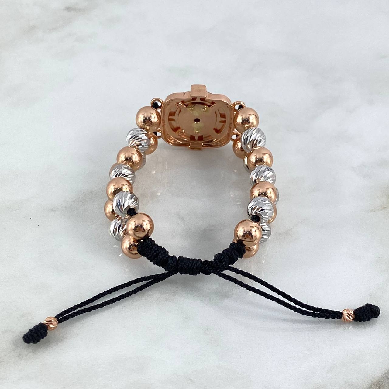 Pulsera Negra Brujula Cuatro Elementos 21.7gr / 8mm-4mm Bolas Diamantadas Lisas 30 und Circones Blancos Tres Oros ©