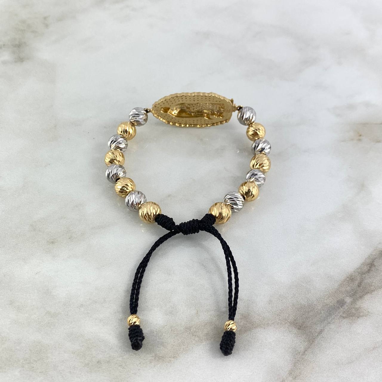 Pulsera Negra Virgen de Guadalupe 15.5gr / 8mm-4mm Bolas Diamantadas 18 und Circones Blancos Dos Oros Amarillo Blanco ©