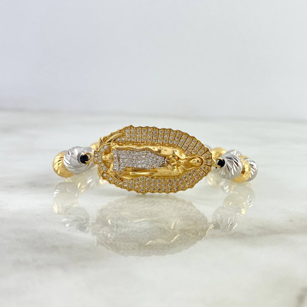 Pulsera Negra Virgen de Guadalupe 15.5gr / 8mm-4mm Bolas Diamantadas 18 und Circones Blancos Dos Oros Amarillo Blanco ©