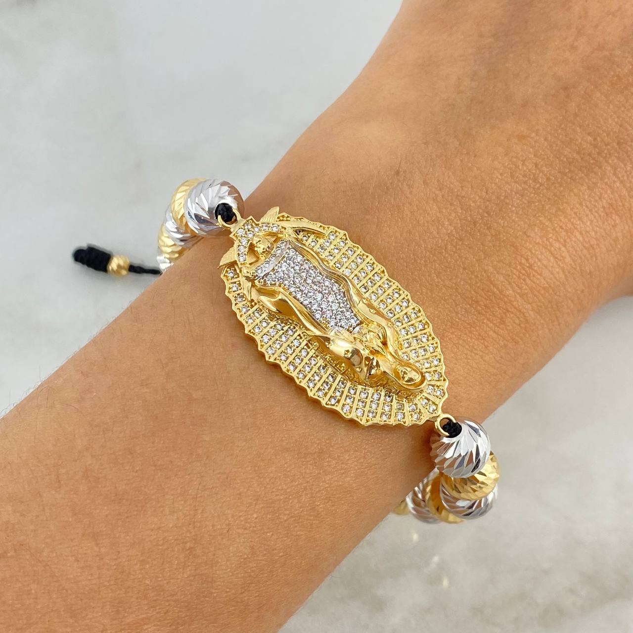 Pulsera Negra Virgen de Guadalupe 15.5gr / 8mm-4mm Bolas Diamantadas 18 und Circones Blancos Dos Oros Amarillo Blanco ©