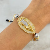 Pulsera Negra Virgen de Guadalupe 15.5gr / 8mm-4mm Bolas Diamantadas 18 und Circones Blancos Dos Oros Amarillo Blanco ©