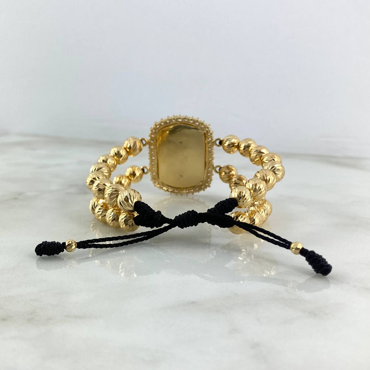Pulsera Negra San Miguel Arcángel 29.6gr / 8mm-4mm Bolas Diamantadas 34 und Circones Blancos Tres Oros ©