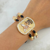 Pulsera Negra San Miguel Arcángel 32.25gr / 8mm-4mm Bolas Diamantadas 32 und Circones Blancos Tres Oros ©