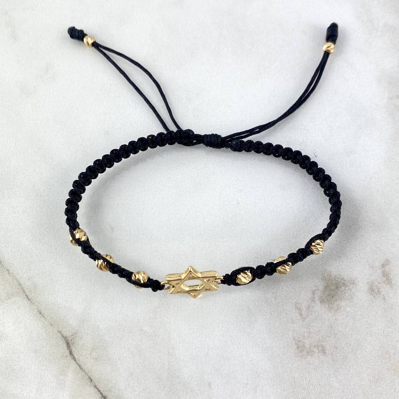 Pulsera Negra Estrella de David 1.05gr / 4mm Bolas Diamantadas 6 und Oro Amarillo *