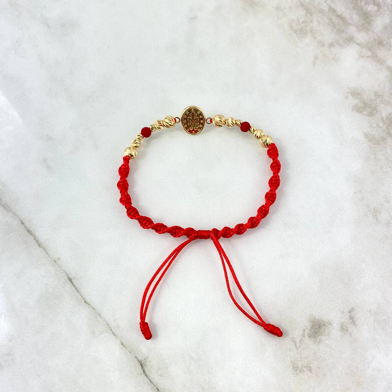 Pulsera Roja Virgen Milagrosa Gradual 1.8gr / 5mm-4mm-3mm Bolas Diamantadas 12 und Oro Amarillo *