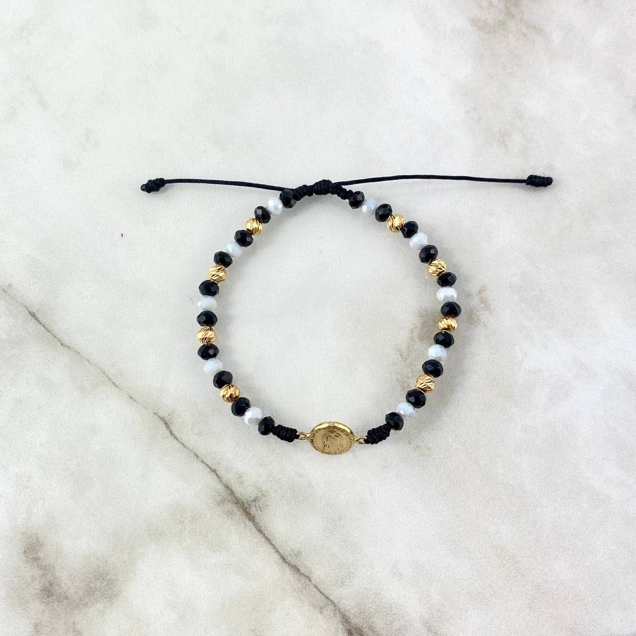 Pulsera Negra Virgen de Guadalupe 3x1 B&W 1.6gr / 4mm Bolas Diamantadas 8 und Oro Amar *illo