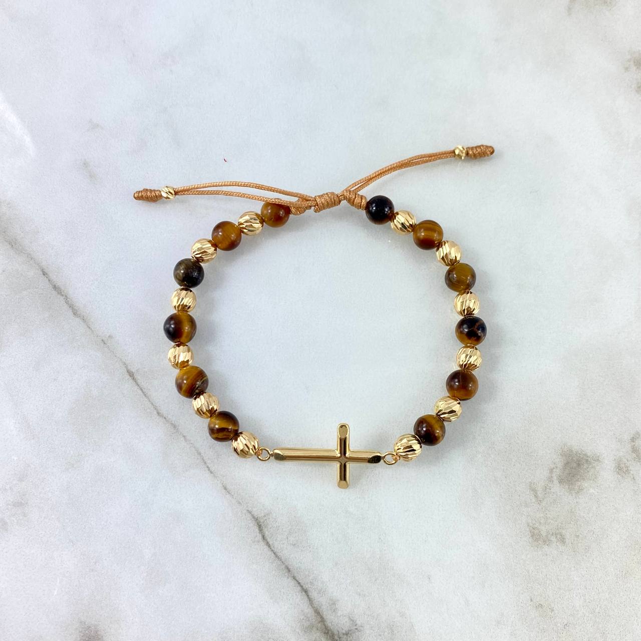 Pulsera Café Ambar Cruz 2.45gr / 5mm-3mm Bolas Diamantadas 14 und Oro Amarillo *