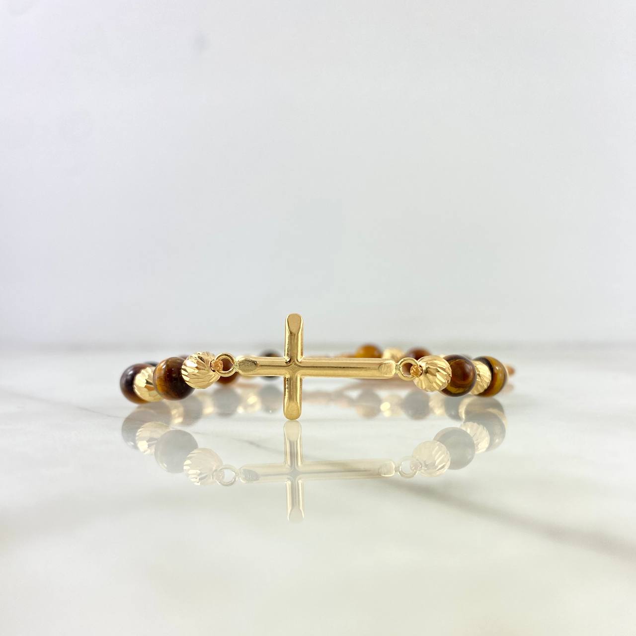 Pulsera Café Ambar Cruz 2.45gr / 5mm-3mm Bolas Diamantadas 14 und Oro Amarillo *