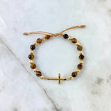 Pulsera Café Ambar Cruz 2.45gr / 5mm-3mm Bolas Diamantadas 14 und Oro Amarillo *