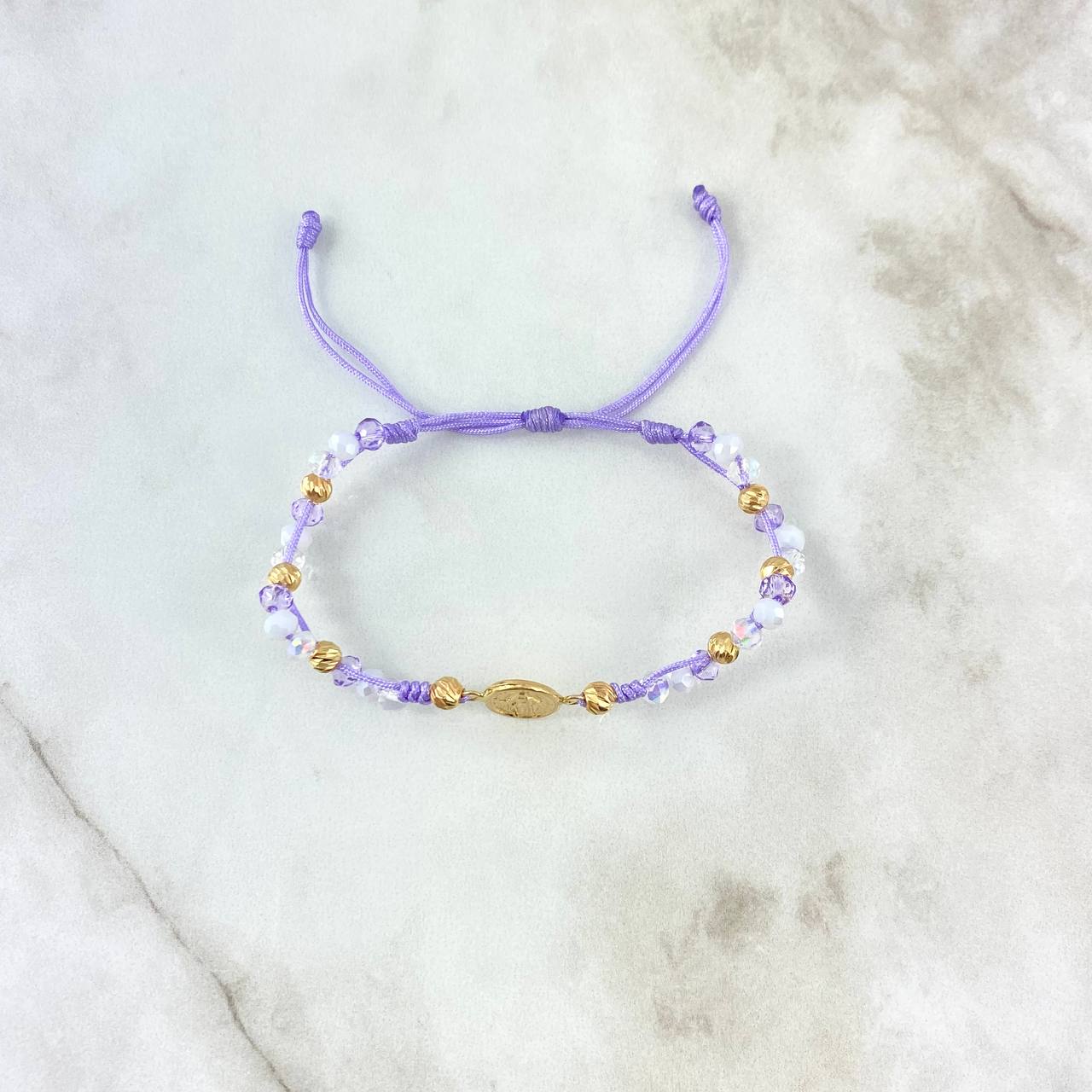Pulsera Lila Virgen Milagrosa Ramificada 1.3gr / 4mm Bolas Diamantadas 8 und Oro Amarillo