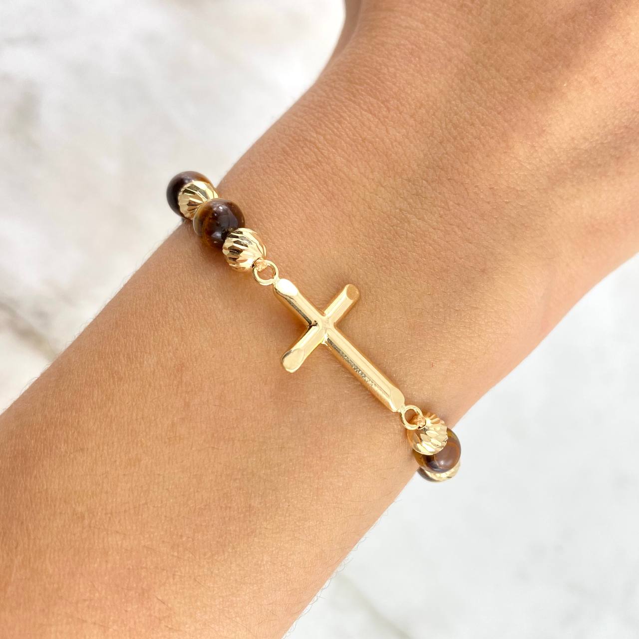 Pulsera Café Ambar Cruz 2.45gr / 5mm-3mm Bolas Diamantadas 14 und Oro Amarillo *