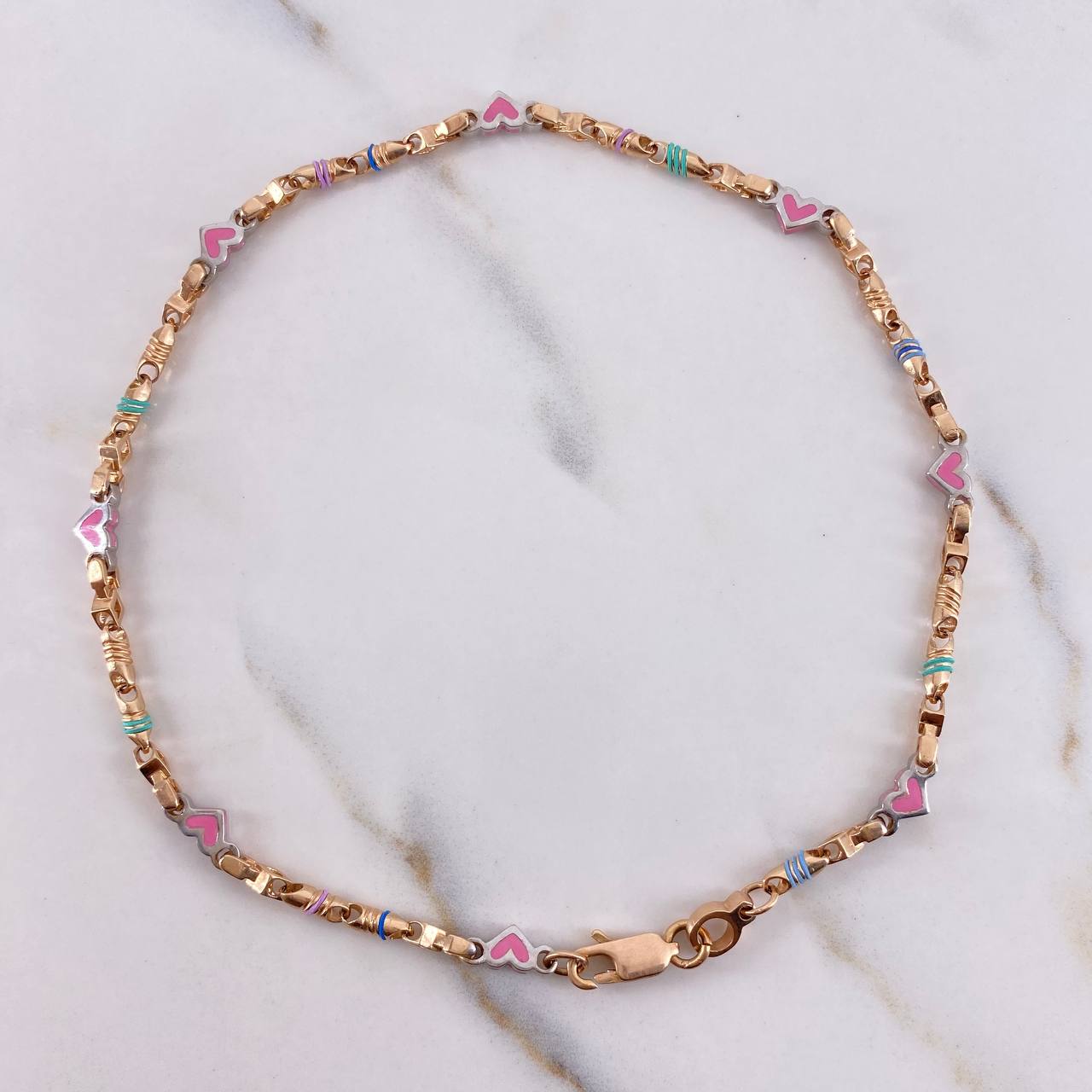 Tobillera Corazones 11.7gr / 30cm / 3mm Ceramica Rosada Cauchos Azules Verdes Morados Oro Rosa $