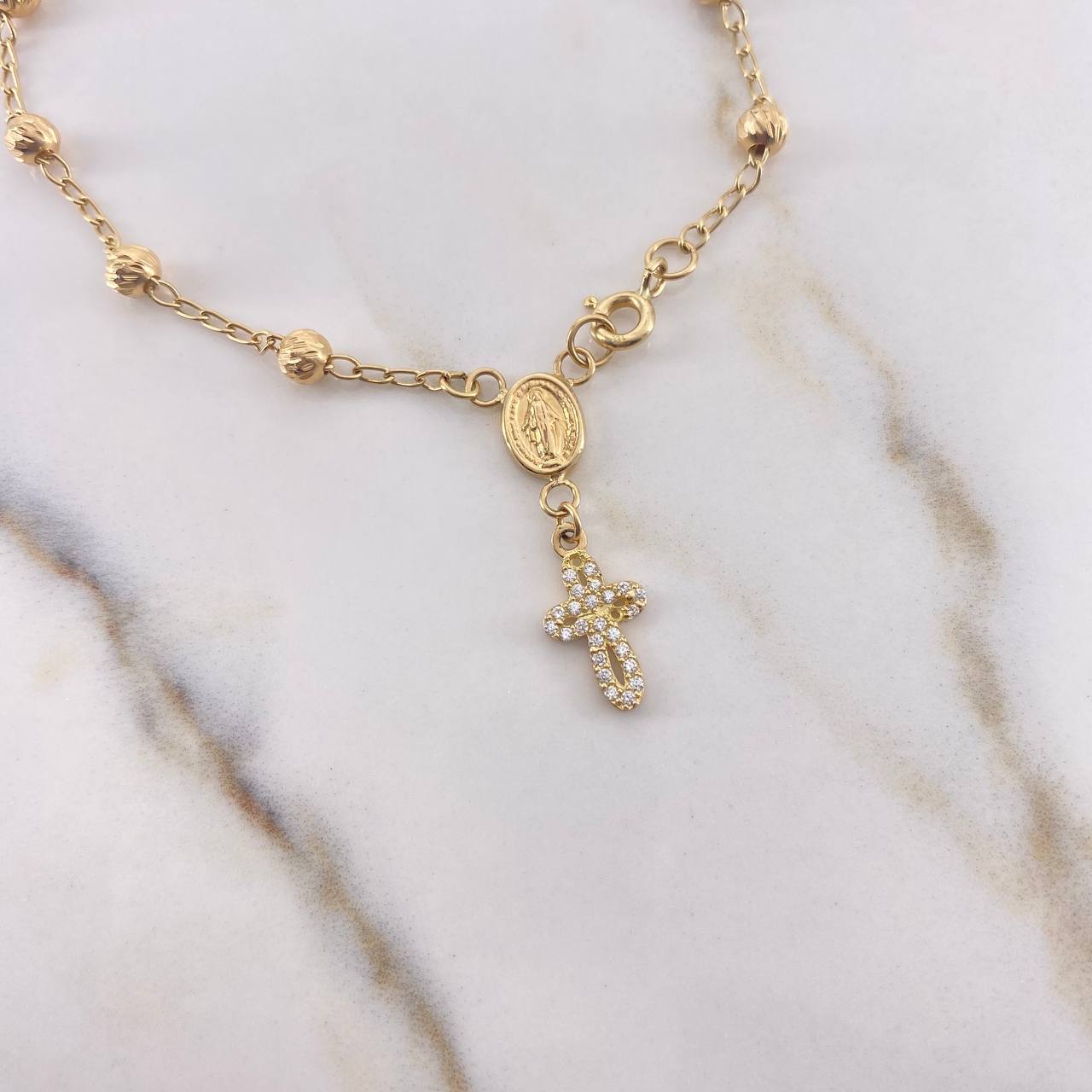Pulso Denario Virgen Milagrosa 3.25gr / 19cm / 4mm Bolas Diamantadas Cruz Circones Blancos Oro Amarillo $