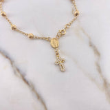 Pulso Denario Virgen Milagrosa 3.25gr / 19cm / 4mm Bolas Diamantadas Cruz Circones Blancos Oro Amarillo $