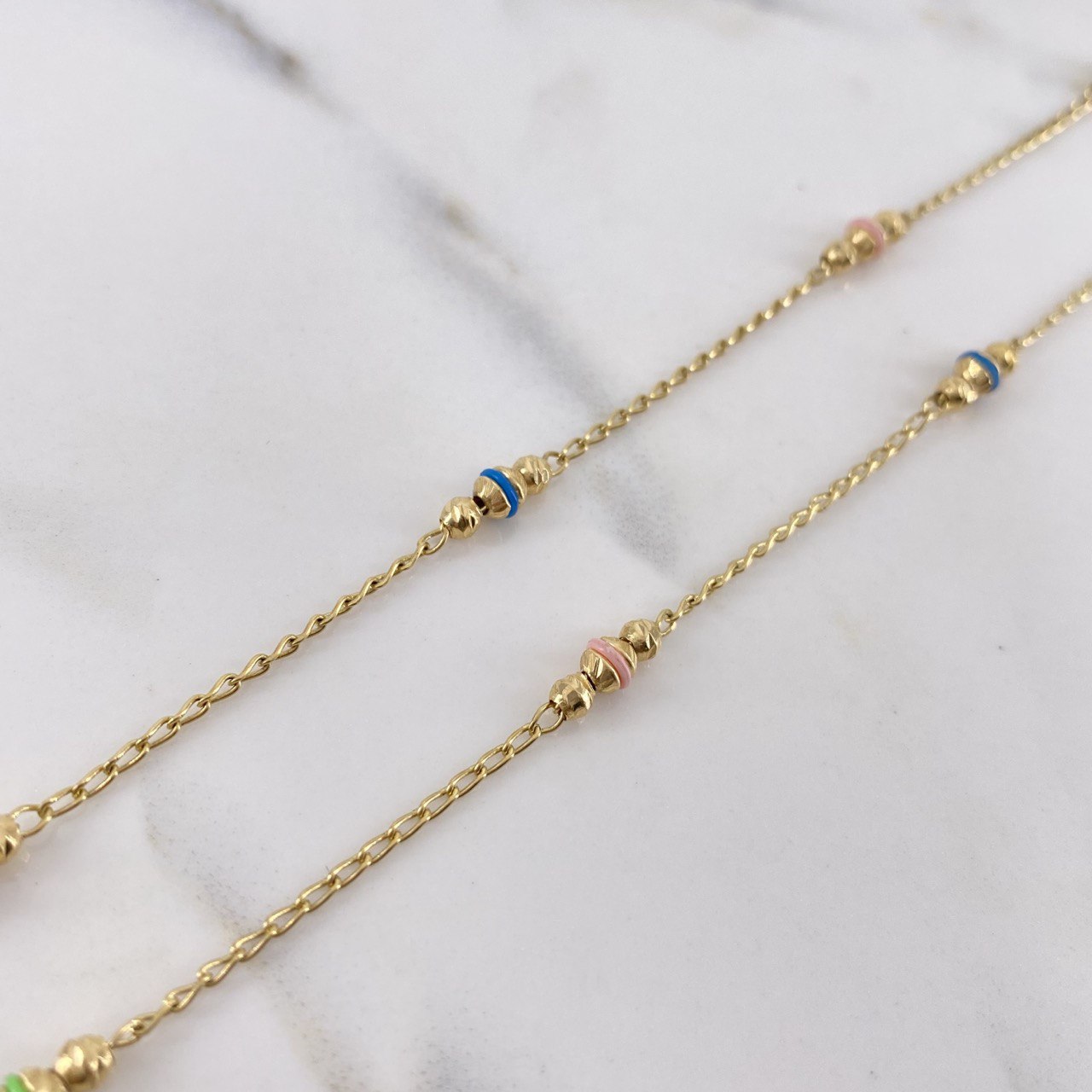Cadena Espiga 5.4gr / 45cm / 2mm-3mm Bolas Diamantadas Cauchos Lila-Blanco-Verde-Azul-Rosa Oro Amarillo $
