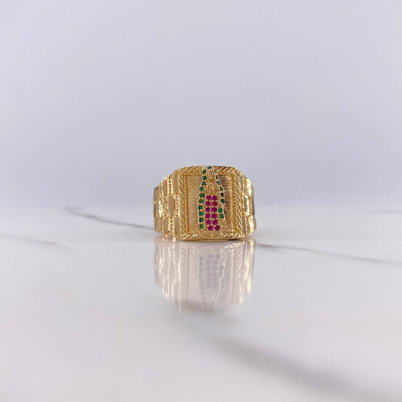 Anillo Virgen de Guadalupe 10.8gr / T10 1/4 / Circones Verdes Fucsias Oro Amarillo $