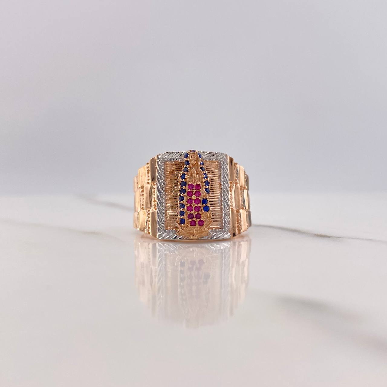 Anillo Virgen de Guadalupe 8.95gr / T9 3/4 / Circones Azules Fucsias Dos Oros Blanco Rosa $