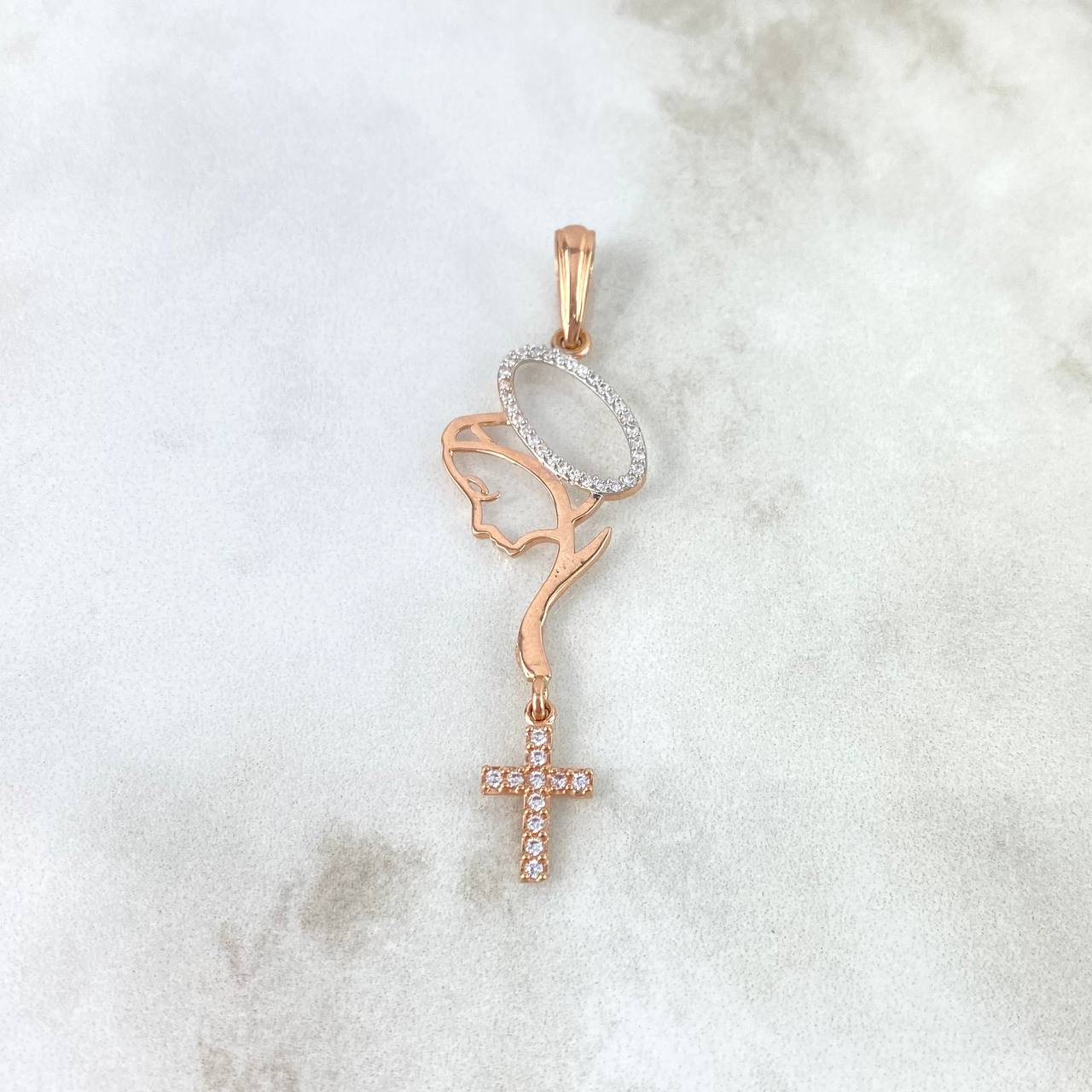 Dije Virgen María 2.55gr / 5.4cm / Circones Blancos Oro Rosa