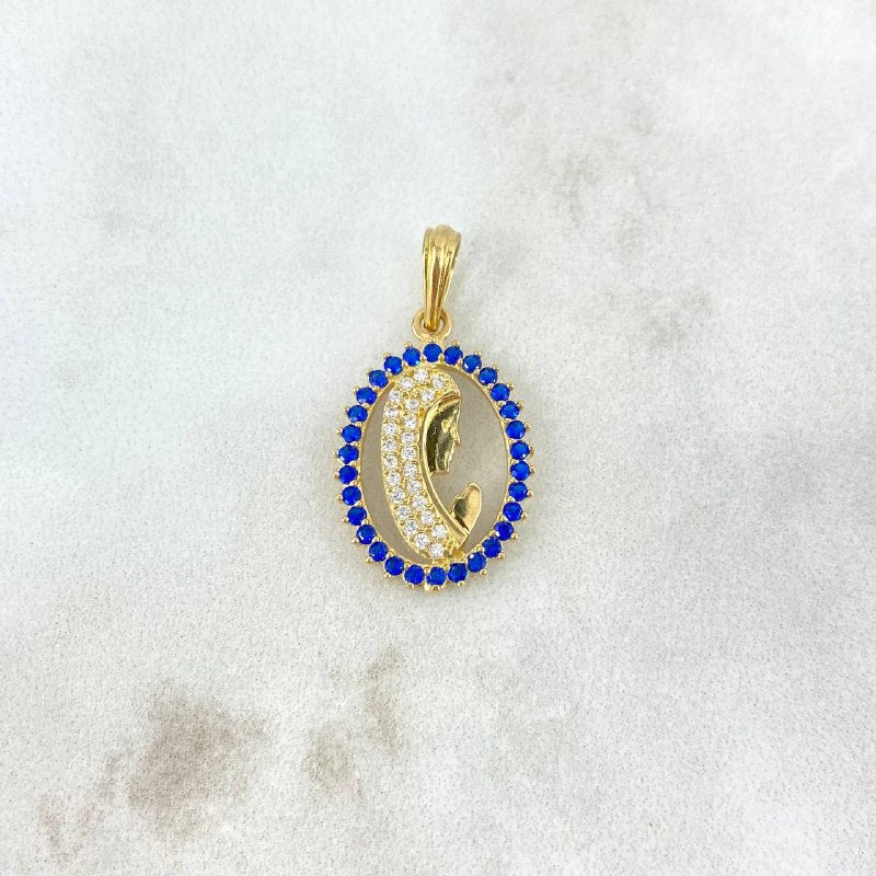 Dije Virgen María 1.95gr / 2.5cm / Ovalo Circones Azules Blancos Oro Amarillo