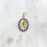 Dije Virgen María 1.95gr / 2.5cm / Ovalo Circones Azules Blancos Oro Amarillo