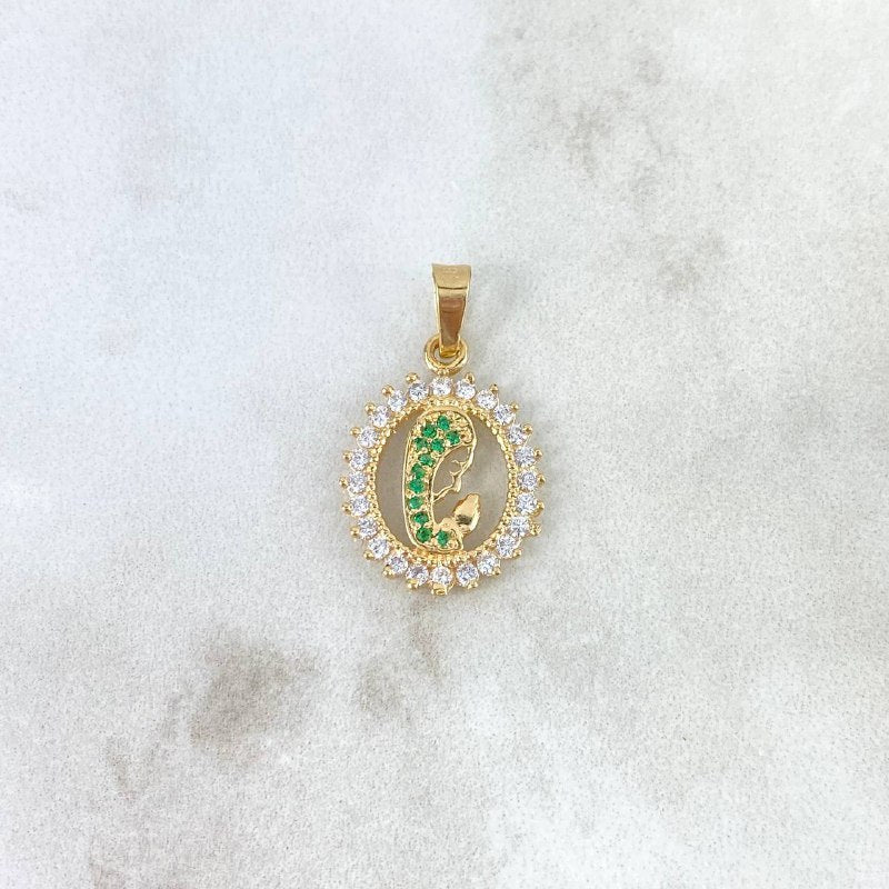 Dije Virgen María 1.75gr / 2.3cm / Circulo Circones Verdes Blancos Oro Amarillo