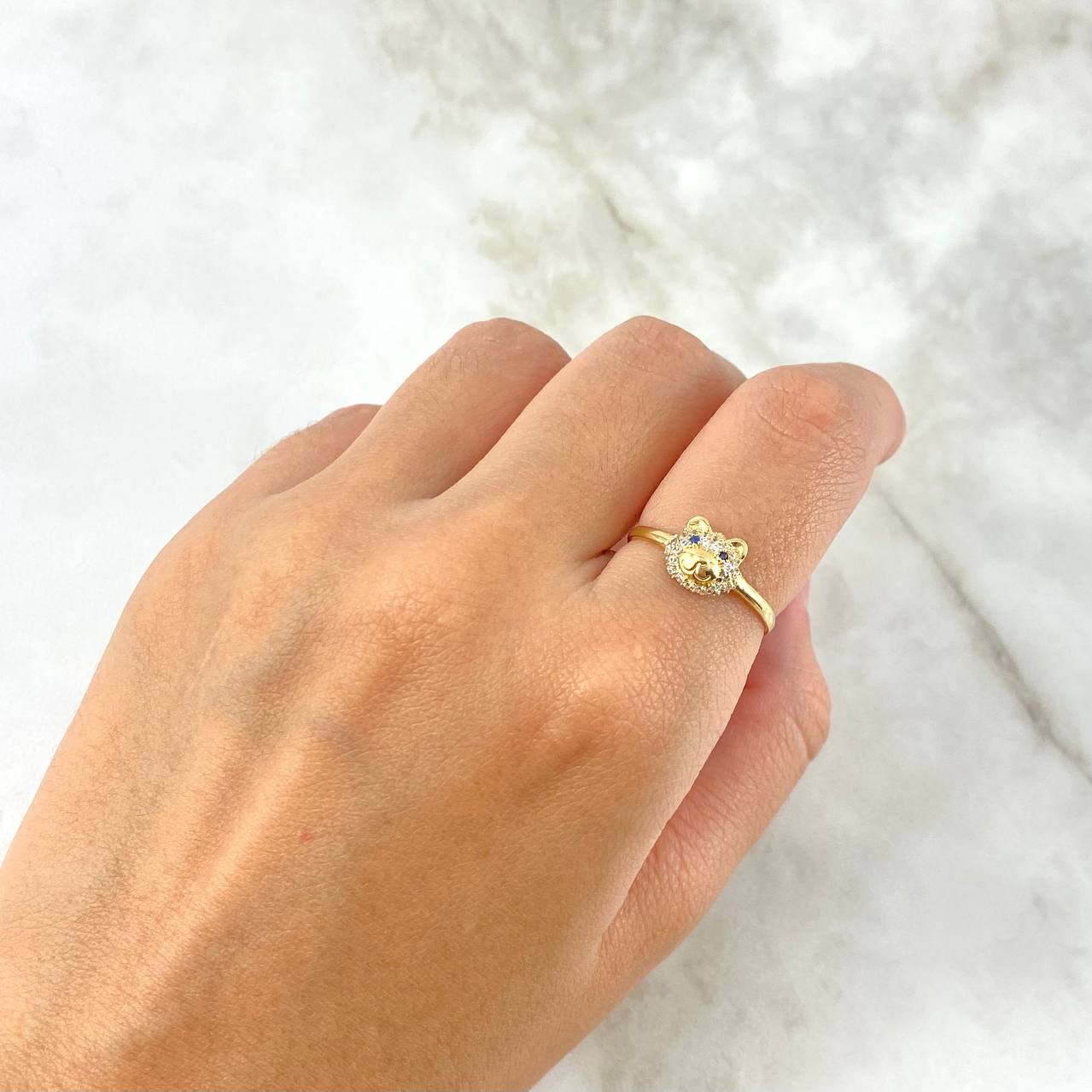 Anillo Oso 1.55gr / T7 / Circones Blancos Ojos Azules Oro Amarillo