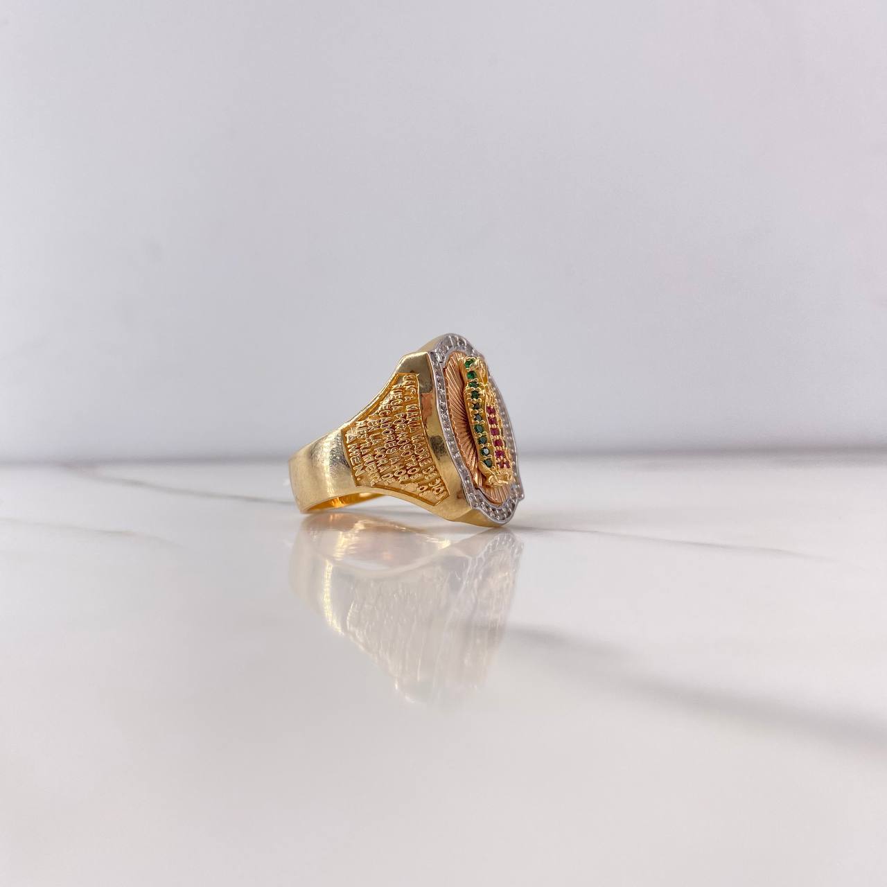Anillo Virgen de Guadalupe 12.85gr / T10 3/4 / Circones Verdes Fuscias Blancos Tres Oros $