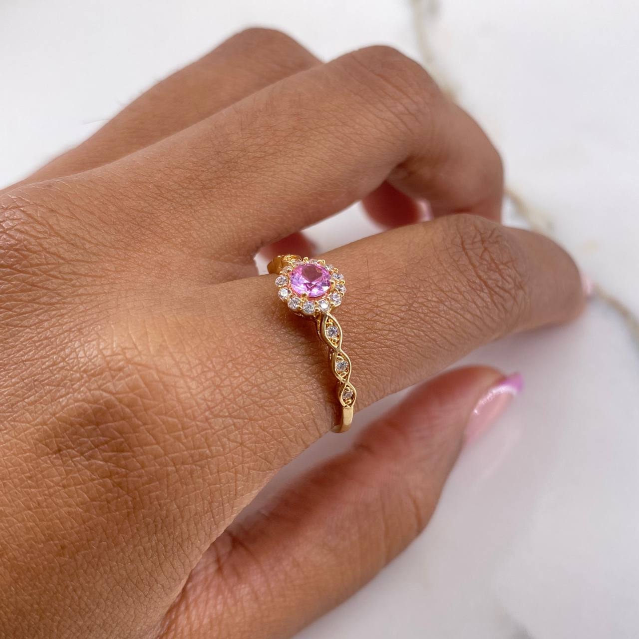 Anillo Solitario Halo 1.8gr / T7 / Circular Circon Rosado Blancos Oro Amarillo &